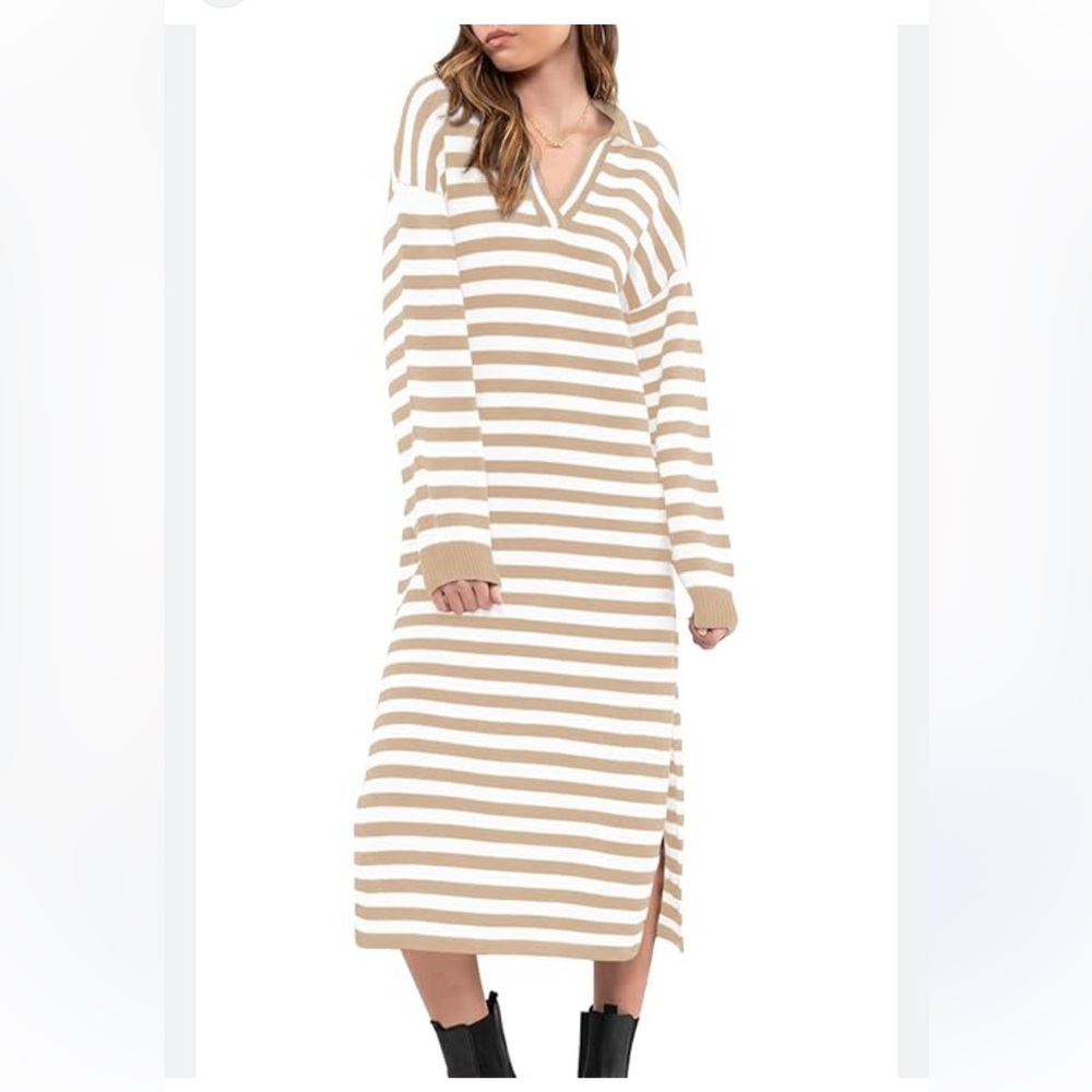 525 Striped Brown ivory white cotton Long Sleeve maxi sweater Dress size M